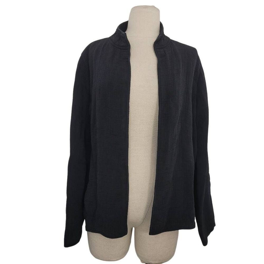Eileen Fisher Black Crepe Textured Rayon Silk Coat JacketSz S Open Magnetic